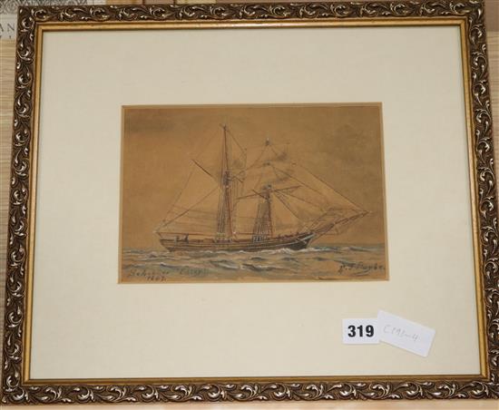 R J Fayle, watercolour, Schooner Fossy 1837, 16 x 23cm.